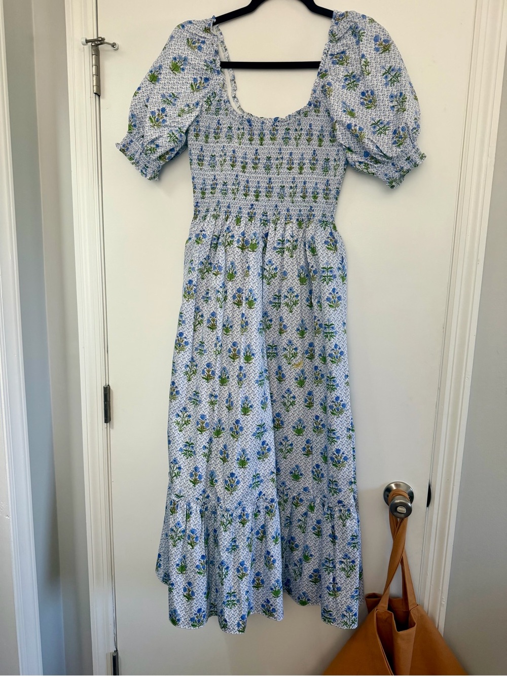 Hill House Blue and Green Floral Puff-Sleeve Midi Dress
